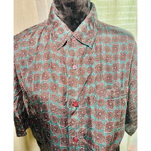 Bogari Studio Silk Shirt Mens Large Blue - All Over Print Button Front Casual